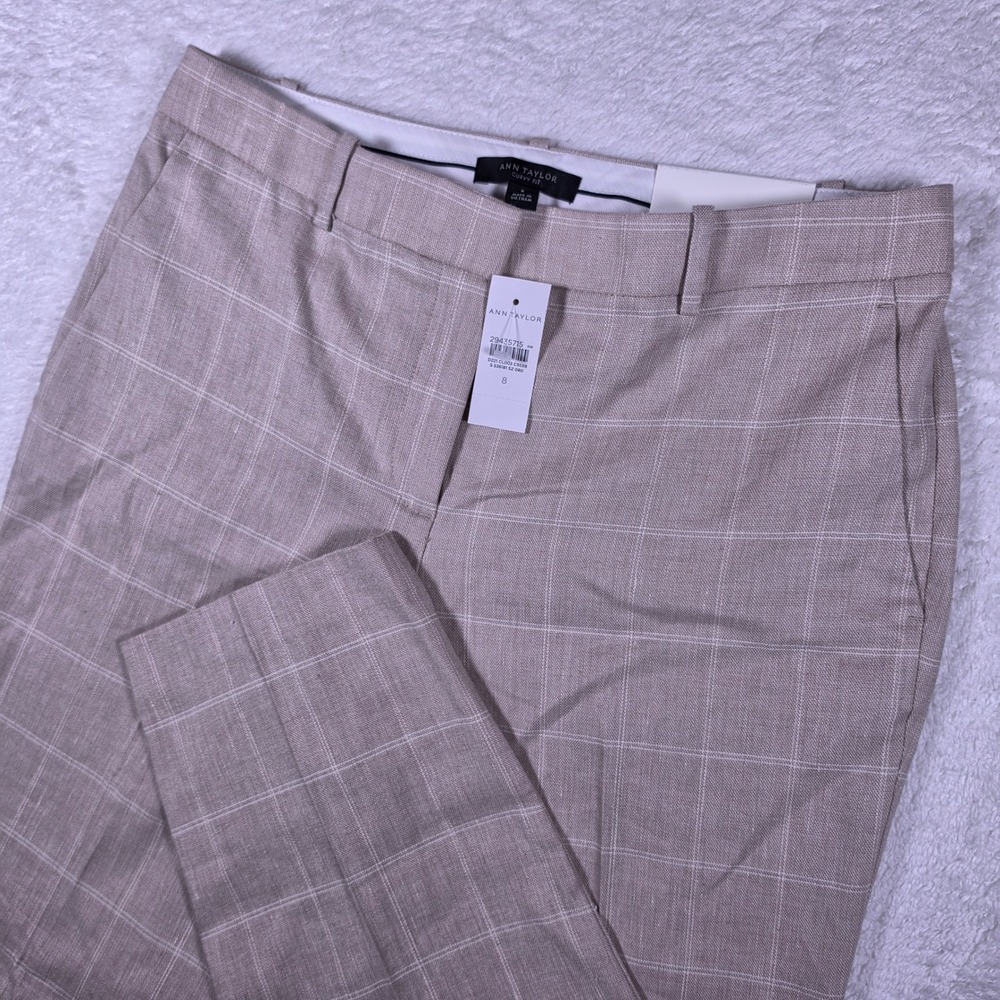 NEW Ann Taylor The Ankle Curvy Fit Women 8 Beige Linen Stretch Windowpane Pants